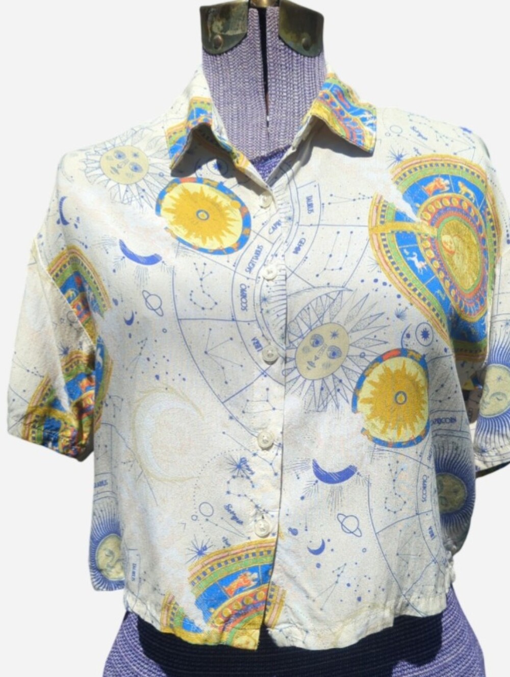 Forever 21 White Button-Up Top with Yellow & Blue Celestial Print
